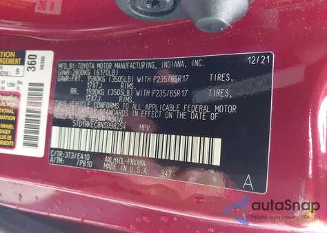 2022 Toyota Sienna Xle z USA, uszkodzony, nr VIN 5TDYRKEC8NS098254